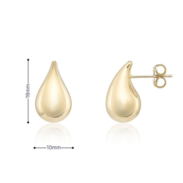 9ct Yellow Gold Teardrop Stud Earrings - 10x16mm - 1.4g
