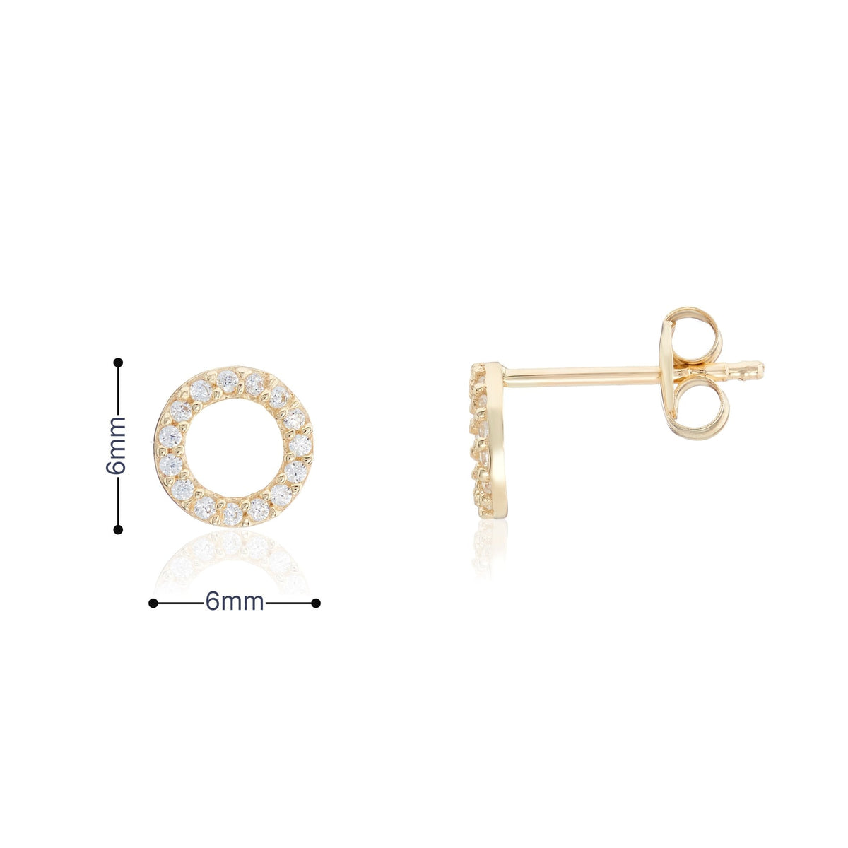 9ct Yellow Gold CZ Open Circle Stud Earrings - 6x6mm - 0.4g