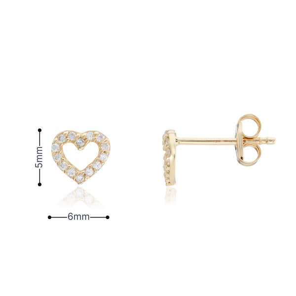 9ct Yellow Gold CZ Open Heart Stud Earrings - 5x5mm - 0.4g