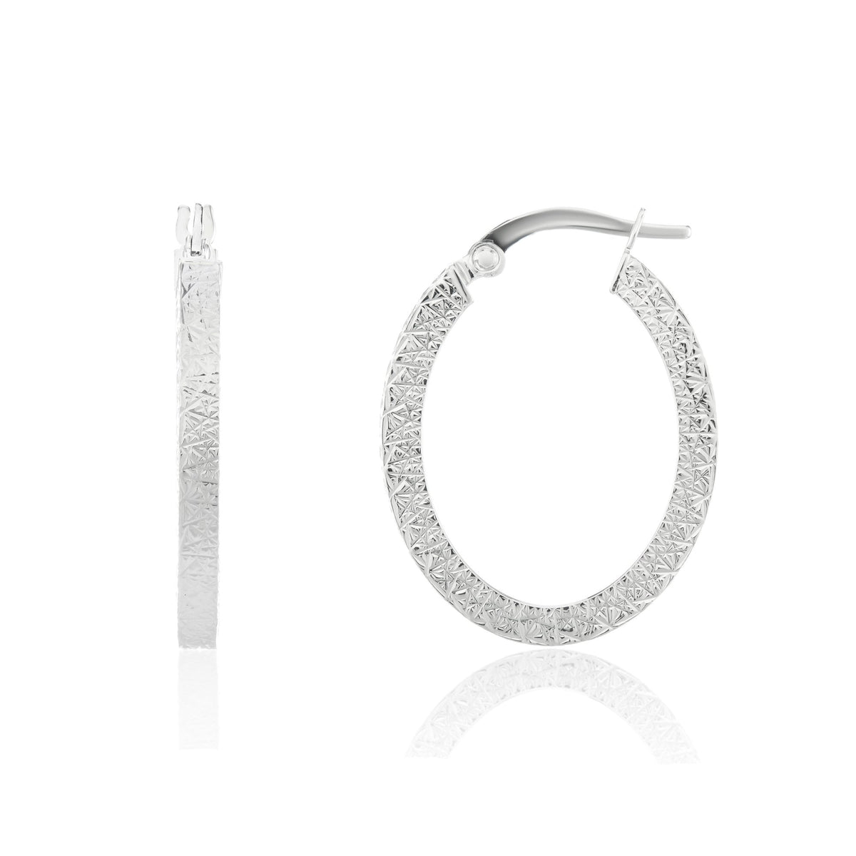9ct White Gold D-Cut Oval Hoop Earrings - 26x20mm - 1.9g