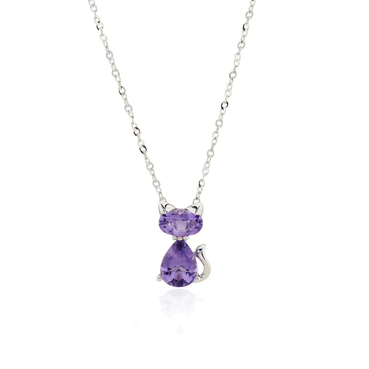 9ct White Gold Amethyst Cat Pendant & Necklace - 18" - 1.6g