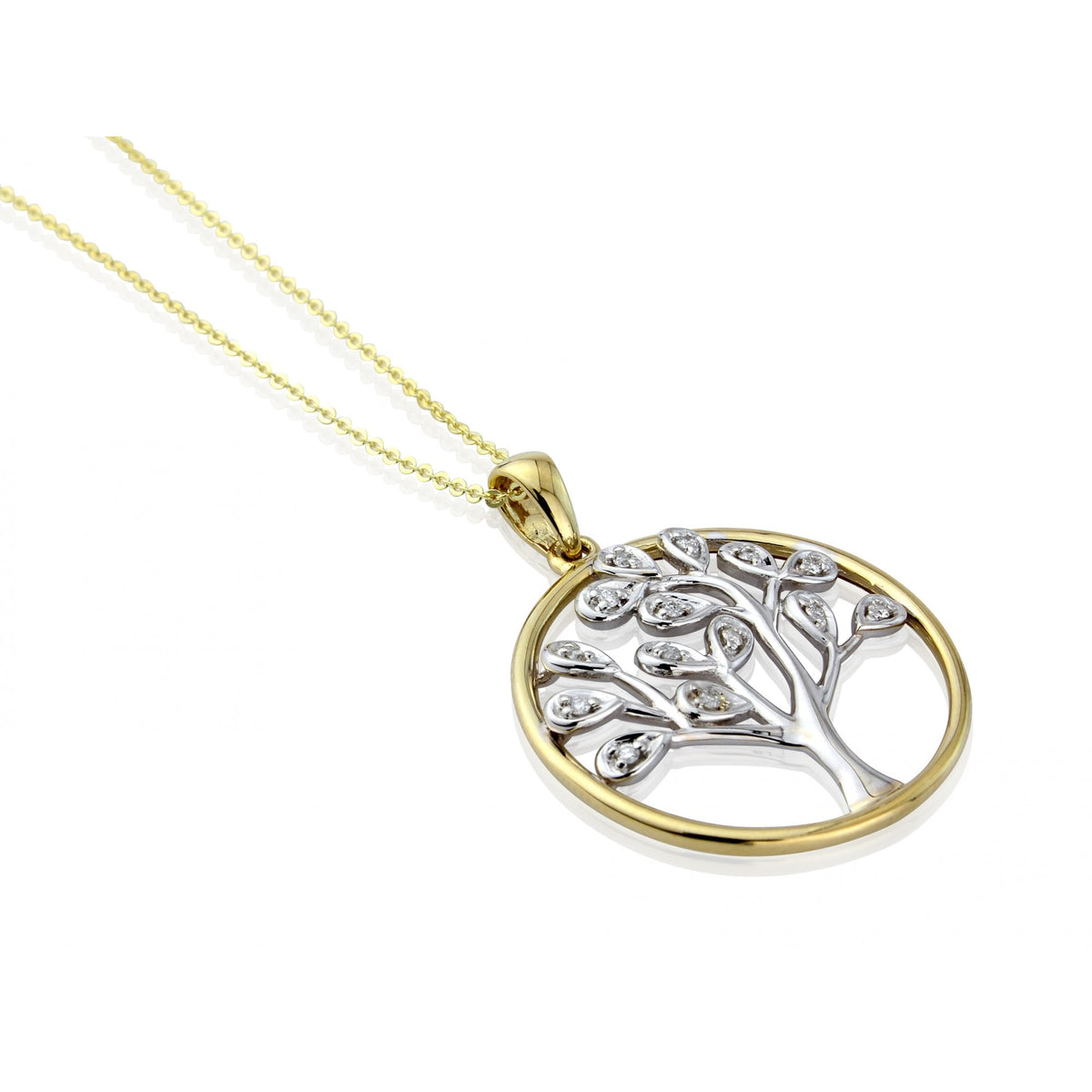 9ct Yellow & White Gold Diamond Tree Pendant & Necklace -0.029ct