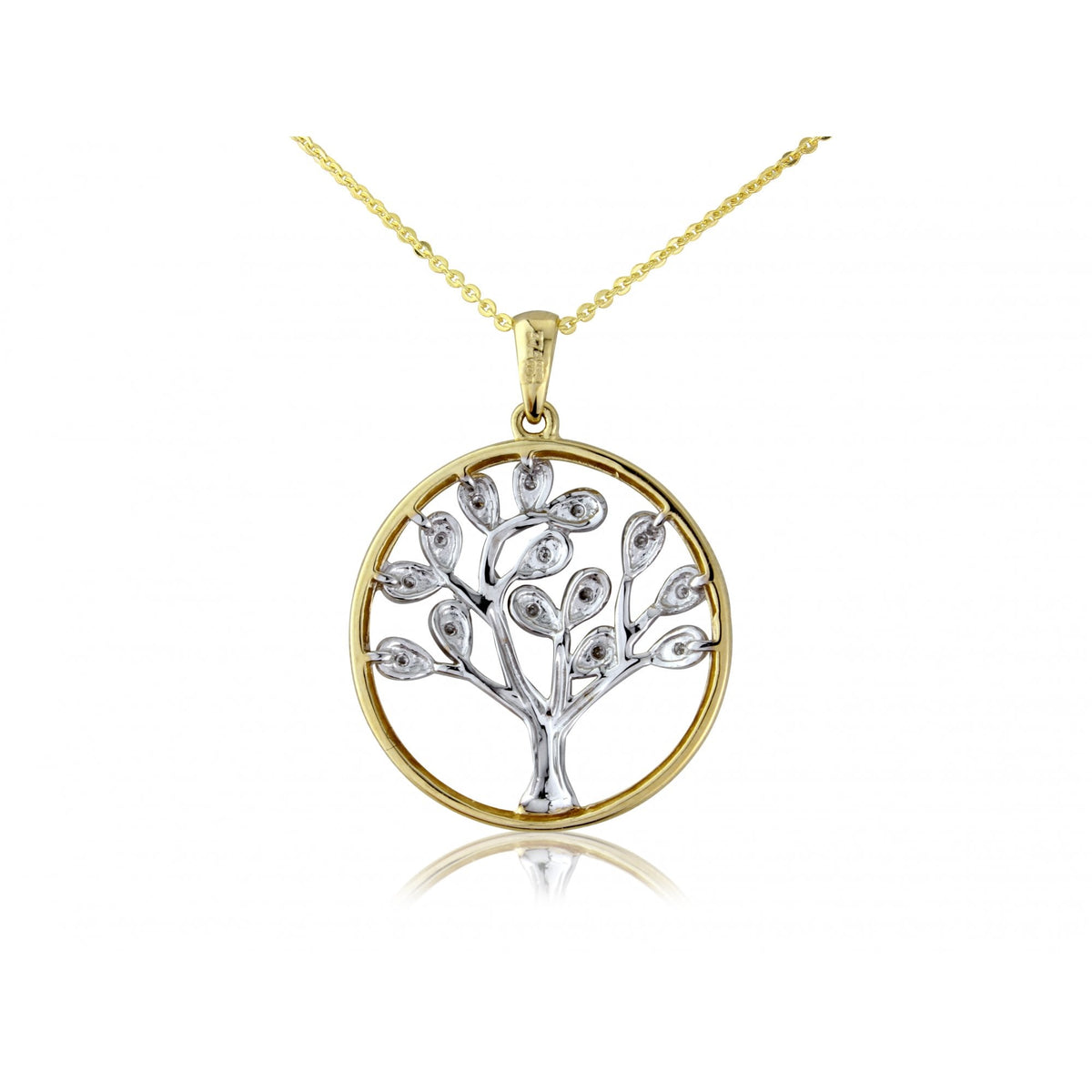 9ct Yellow & White Gold Diamond Tree Pendant & Necklace -0.029ct