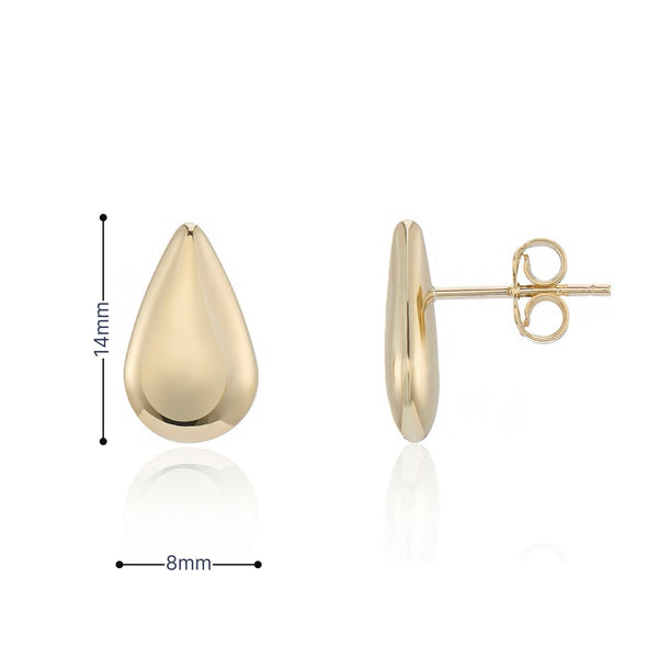9ct Yellow Gold Teardrop Stud Earrings - 8x14mm - 1.2g
