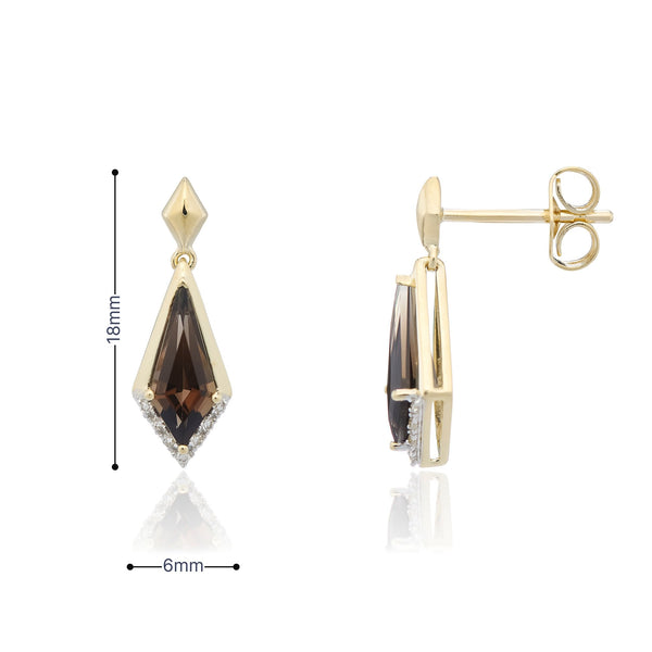 9ct Yellow Gold Smoky Quartz & Diamond Drop Earrings - 6x18mm