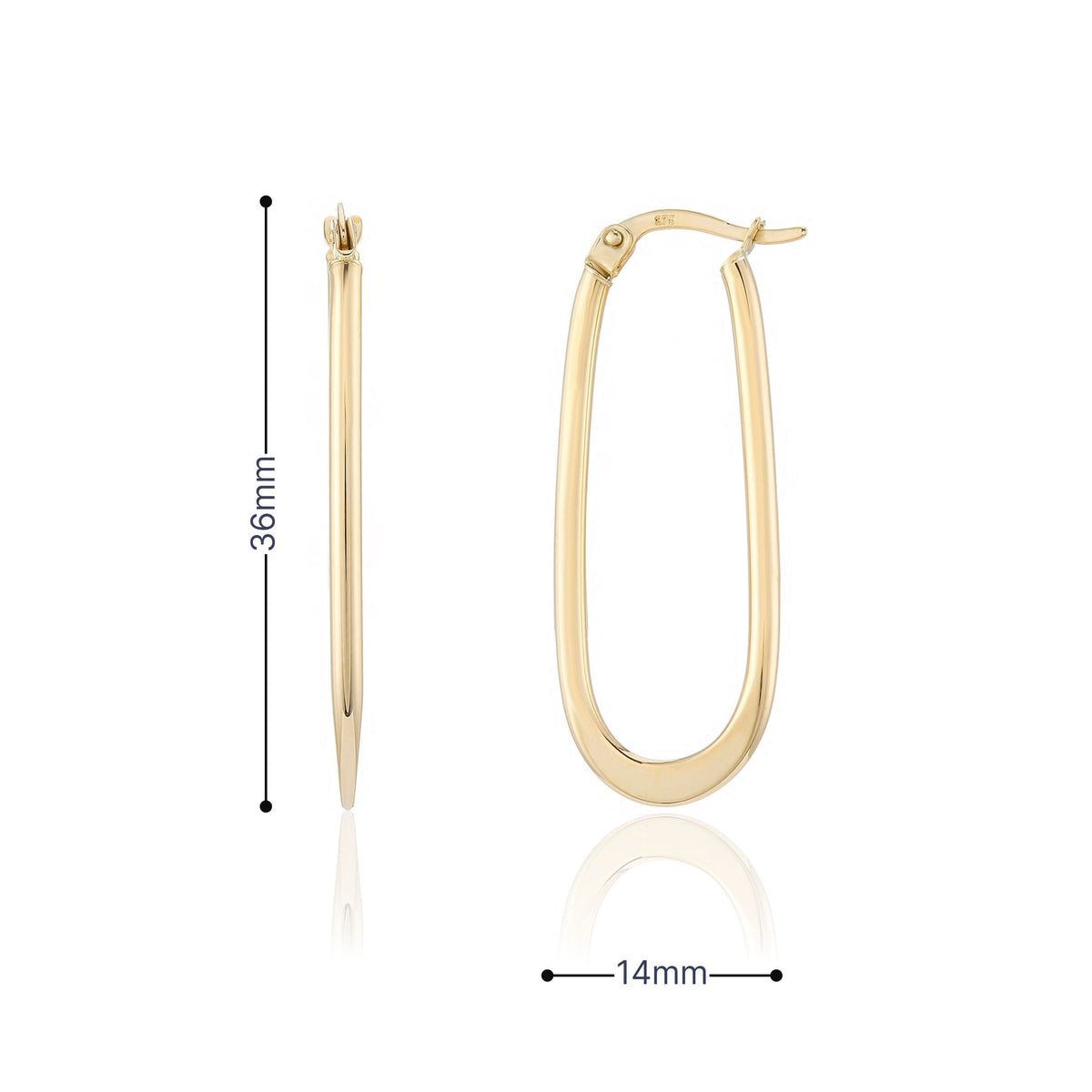 9ct Yellow Gold Oval Hoop Earrings - 14x36mm - 1.6g