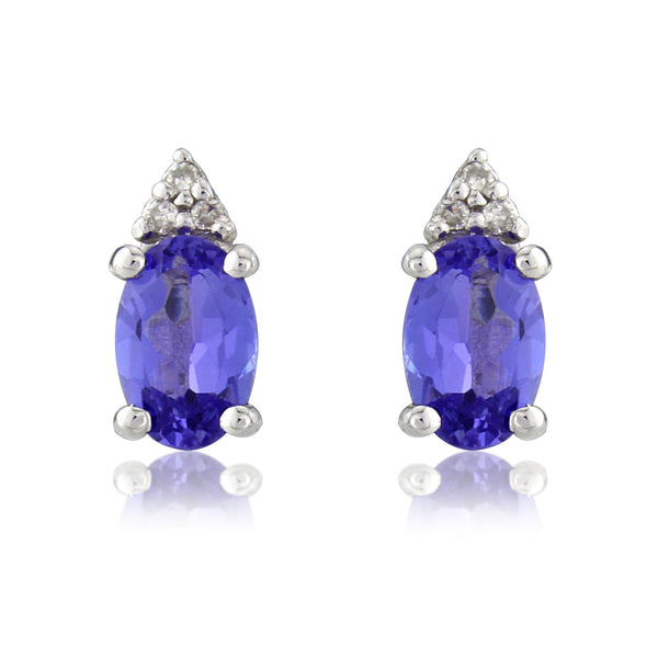9ct White Gold Tanzanite & Diamond Stud Earrings - 4x8mm - 1.1g