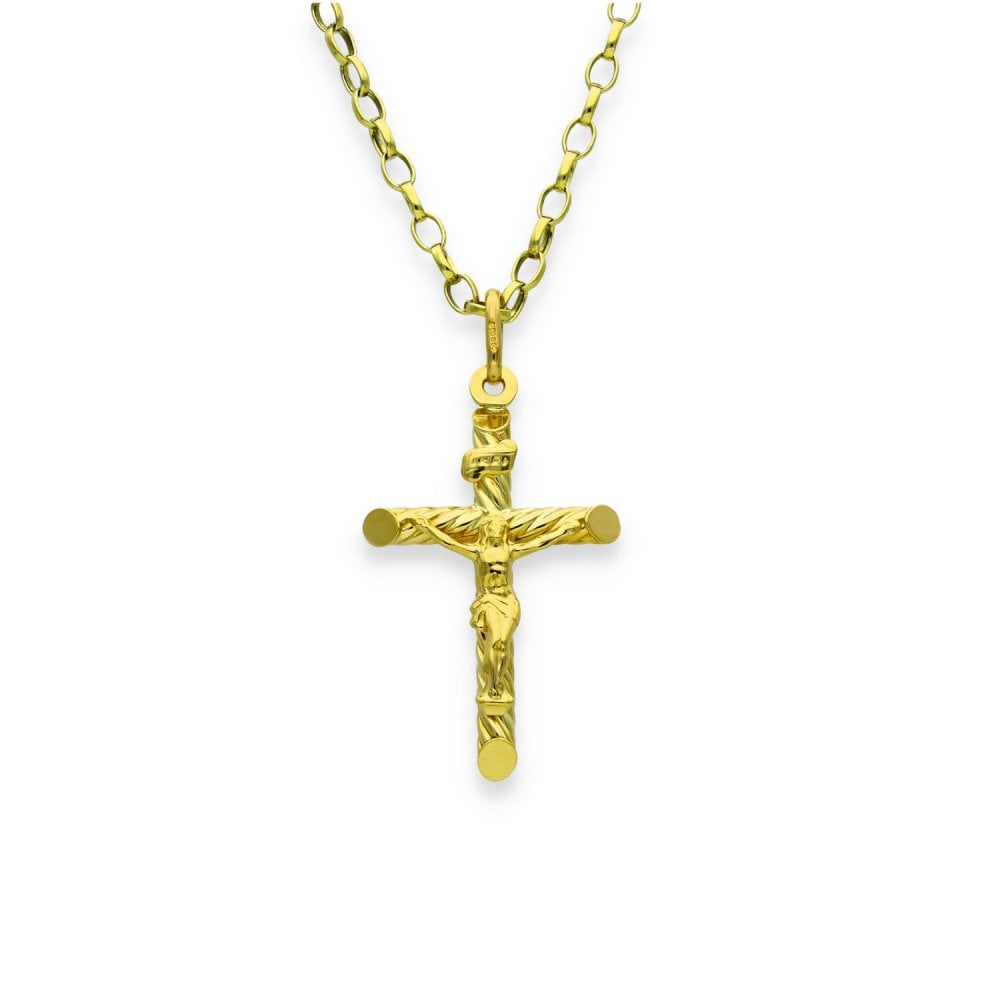9ct Yellow Gold Twist Crucifix Pendant & Necklace - 18" - 6.5g