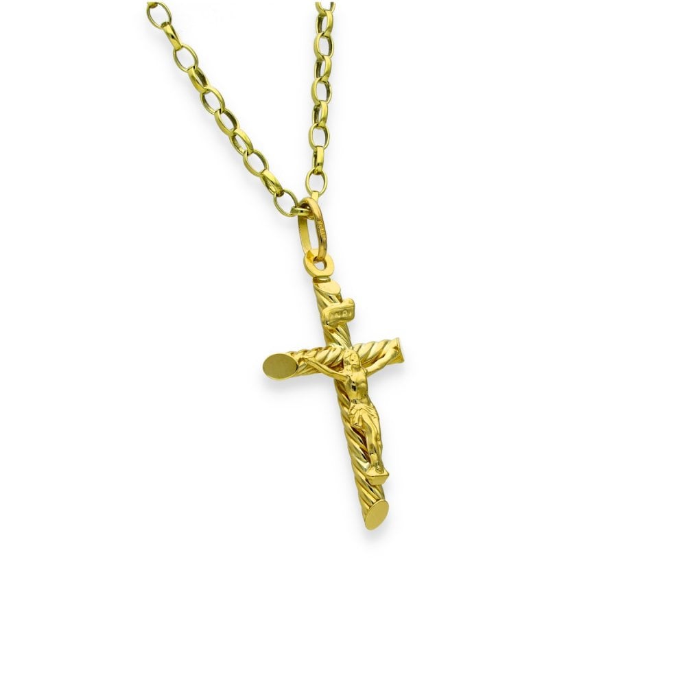 9ct Yellow Gold Twist Crucifix Pendant & Necklace - 18" - 6.5g