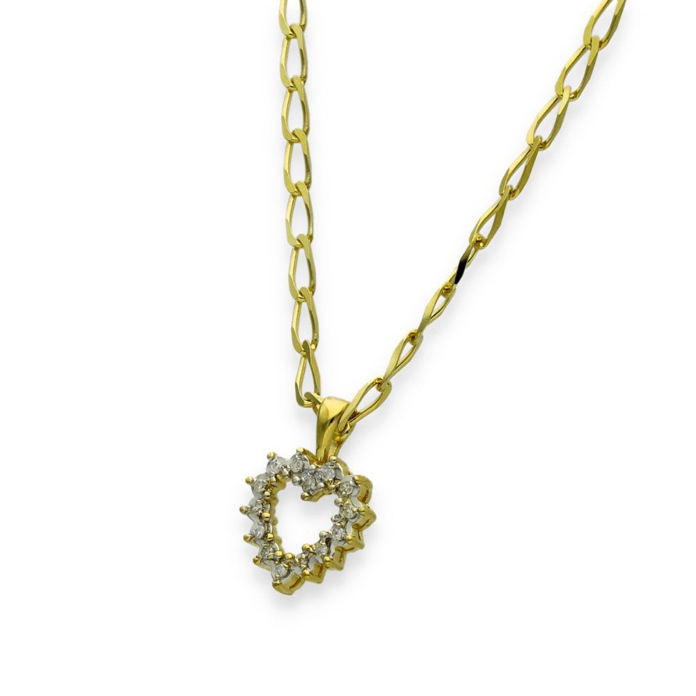 9ct Yellow Gold Diamond Heart Pendant & Necklace - 18" - 5.1g