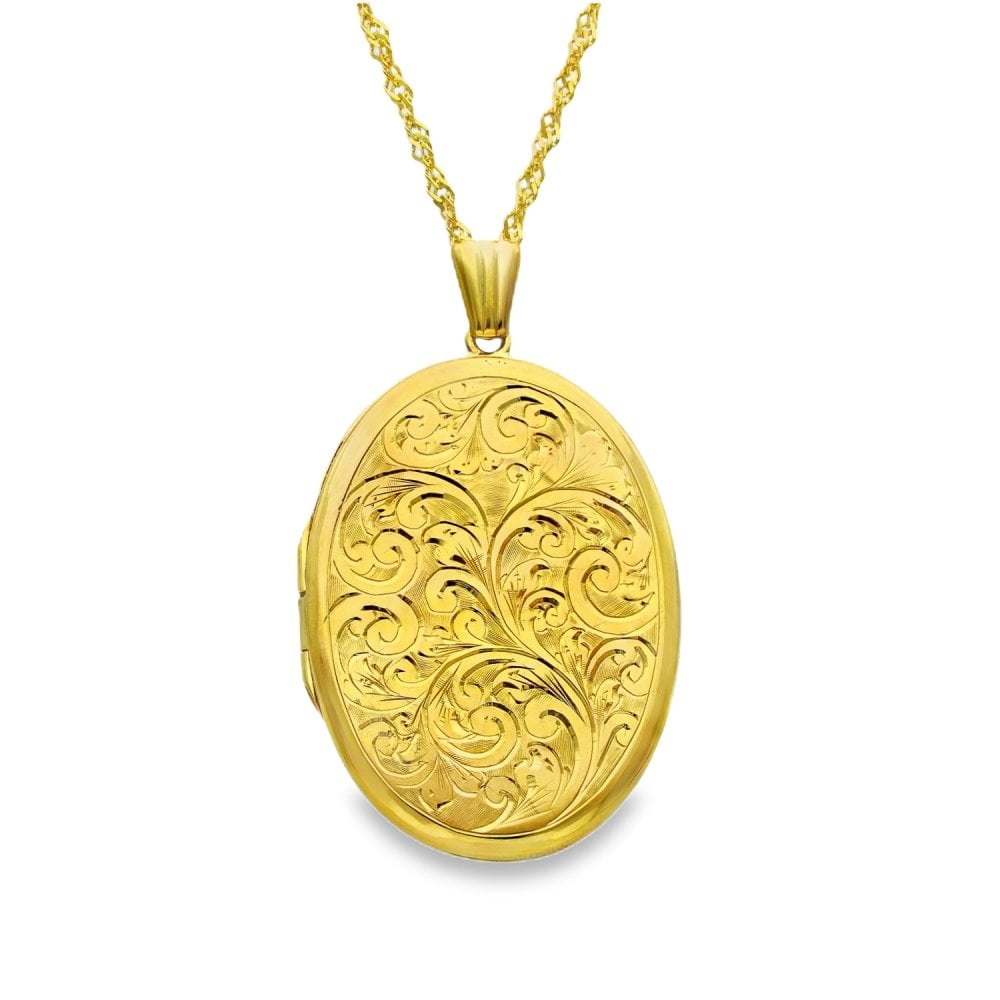 9ct Yellow Gold Feather Engraved Locket & Necklace - 29x42x4mm