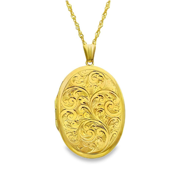 9ct Yellow Gold Feather Engraved Locket & Necklace - 29x42x4mm