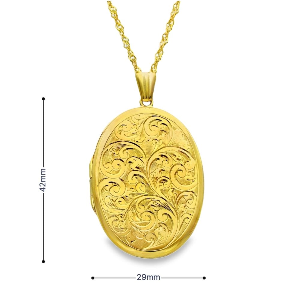 9ct Yellow Gold Feather Engraved Locket & Necklace - 29x42x4mm