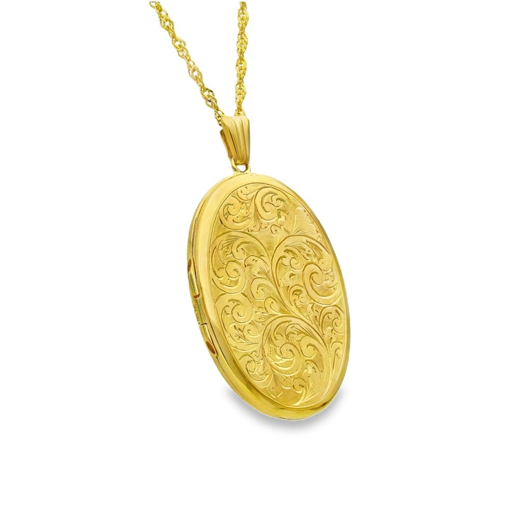 9ct Yellow Gold Feather Engraved Locket & Necklace - 29x42x4mm