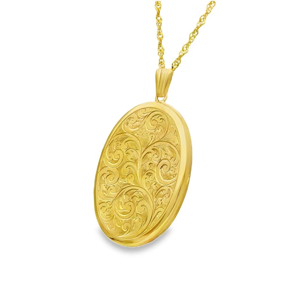 9ct Yellow Gold Feather Engraved Locket & Necklace - 29x42x4mm