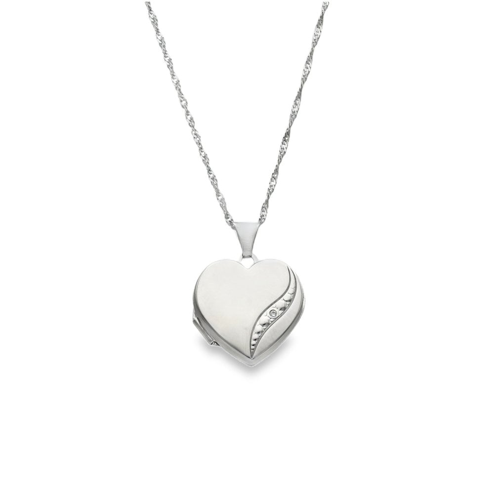 9ct White Gold Diamond Wave Locket & Necklace - 18x19x5mm - 3.1g