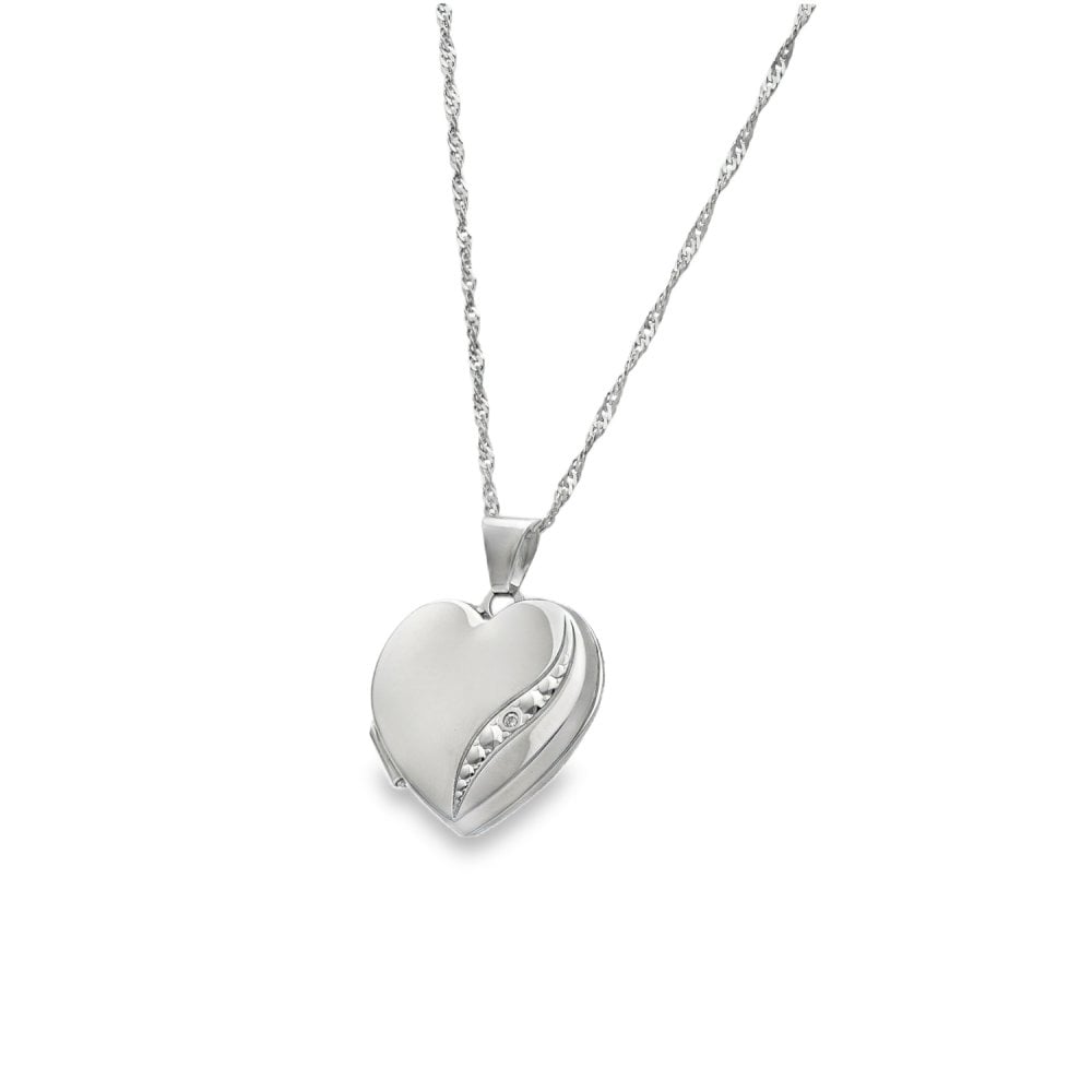 9ct White Gold Diamond Wave Locket & Necklace - 18x19x5mm - 3.1g