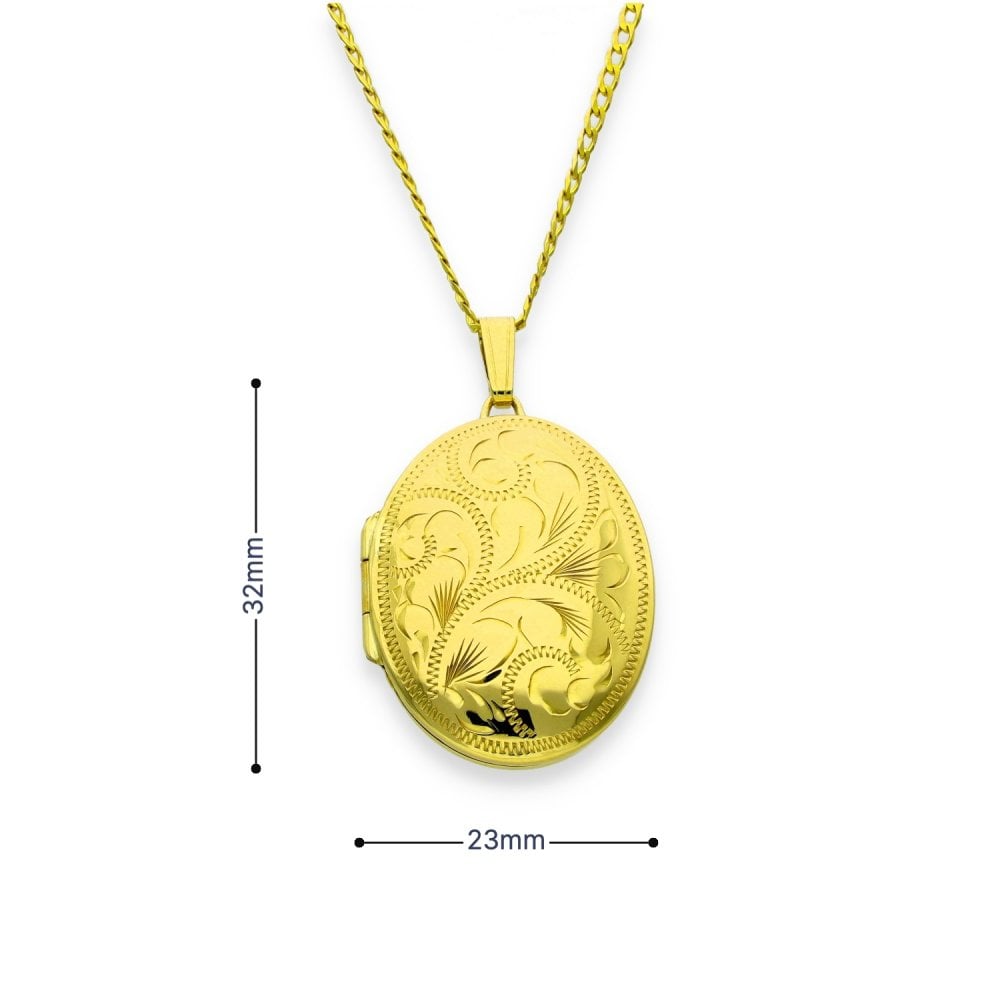 9ct Yellow Gold Feather Engraved Locket & Necklace - 23x32x7mm
