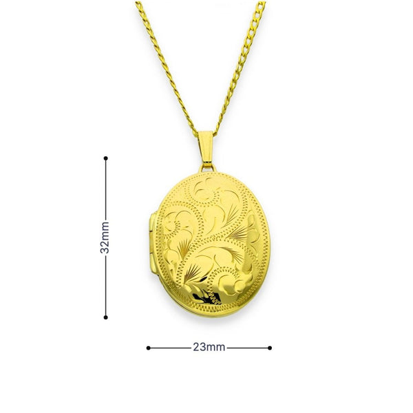 9ct Yellow Gold Feather Engraved Locket & Necklace - 23x32x7mm