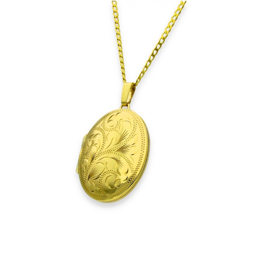 9ct Yellow Gold Feather Engraved Locket & Necklace - 23x32x7mm