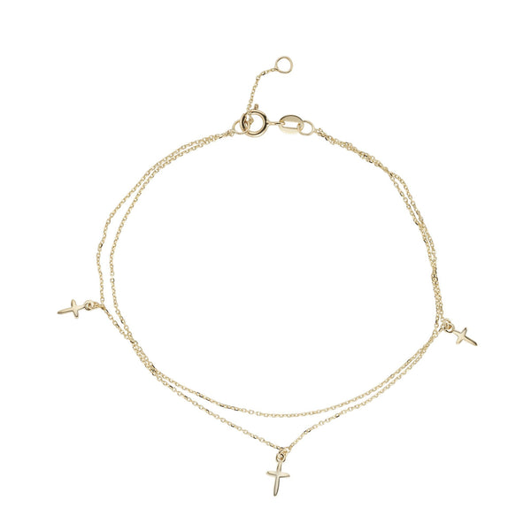 9ct Yellow Gold Double Chain Cross Bracelet - 6.5/7" - 0.8g