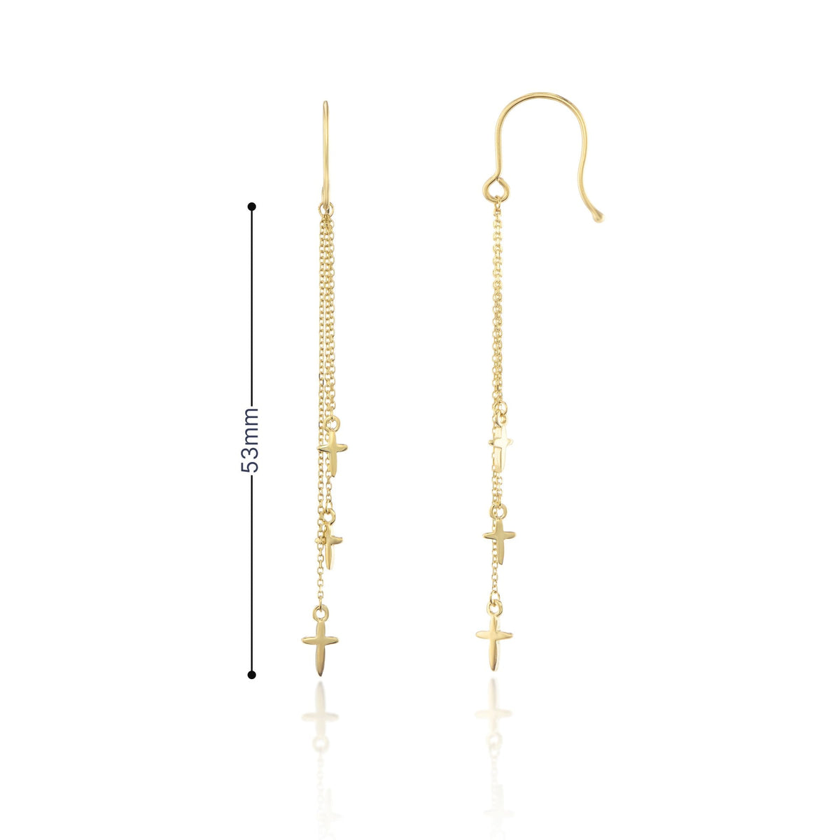9ct Yellow Gold Triple Chain Cross Drop Earrings - 53mm - 0.9g