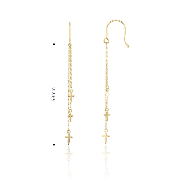 9ct Yellow Gold Triple Chain Cross Drop Earrings - 53mm - 0.9g