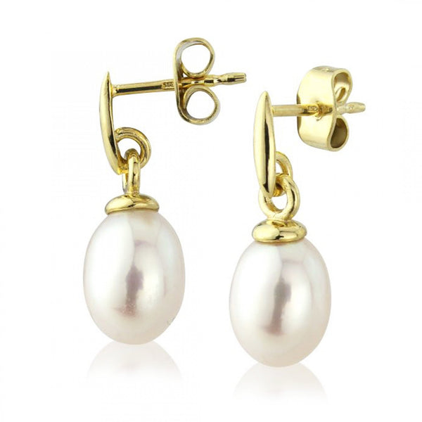 9ct Yellow Gold Pearl Drop Earrings - 8x19x12mm - 1.1g
