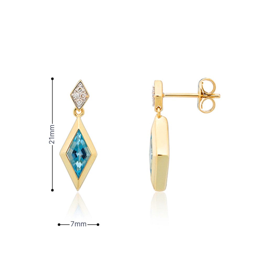 9ct Yellow Gold Blue Topaz & Diamond Drop Earrings - 7x21mm