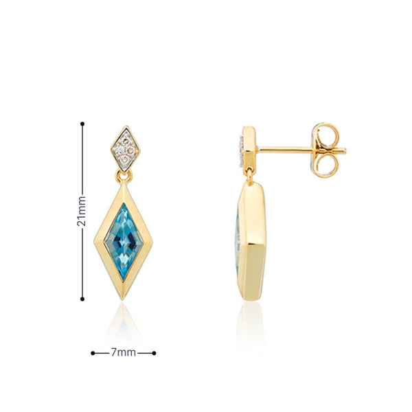 9ct Yellow Gold Blue Topaz & Diamond Drop Earrings - 7x21mm