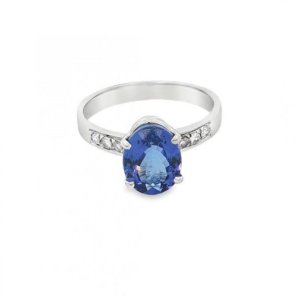 18ct White Gold Tanzanite & Diamond Ring - Size M - 0.10ct
