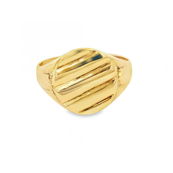 9ct Yellow Gold Ribbed Oval Signet Ring - Size R½ - 14mm