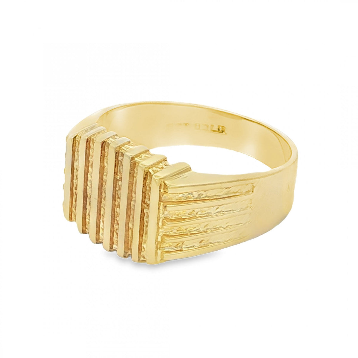 9ct Yellow Gold Ribbed Rectangular Signet Ring - Size V - 13mm