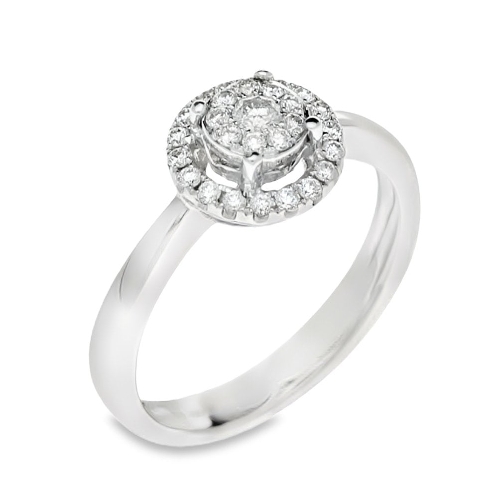 18ct White Gold Diamond Halo Cluster Ring - Size N½ - 0.29ct