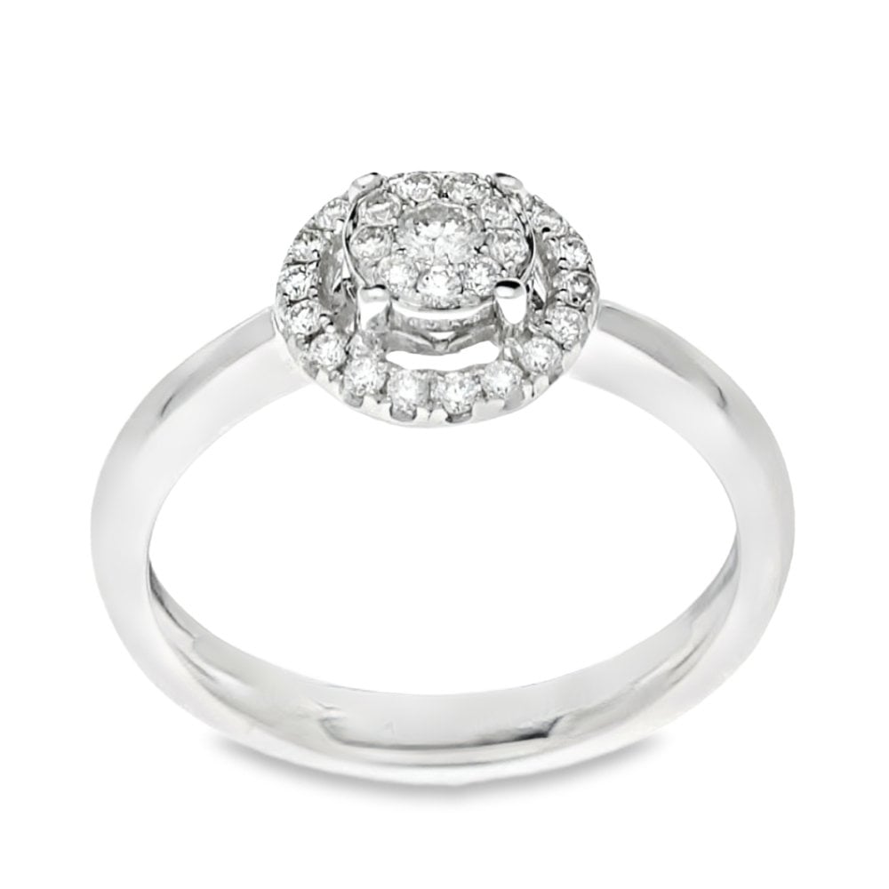 18ct White Gold Diamond Halo Cluster Ring - Size N½ - 0.29ct