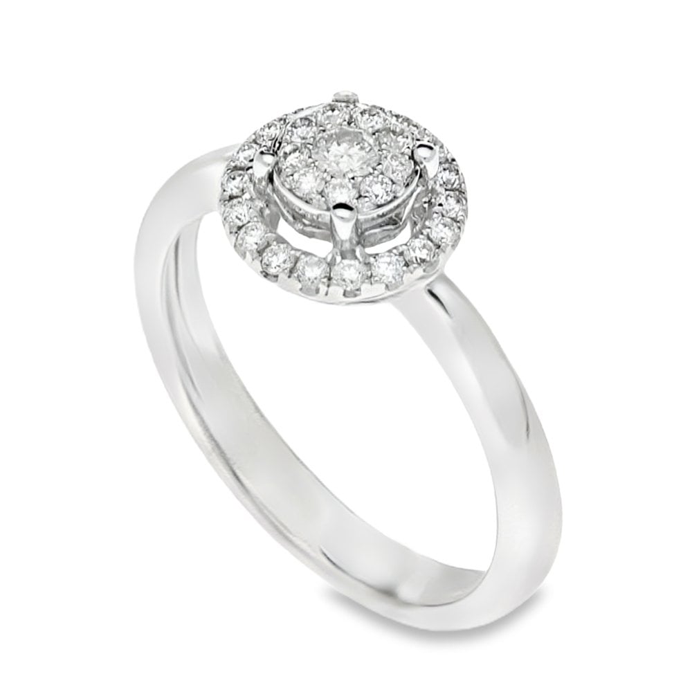 18ct White Gold Diamond Halo Cluster Ring - Size N½ - 0.29ct