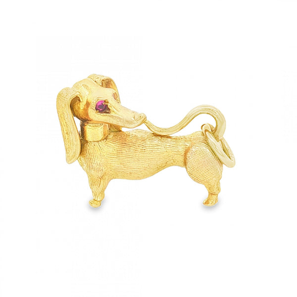 9ct Yellow Gold Ruby Dog Charm - 21x16x9mm - 7.6g