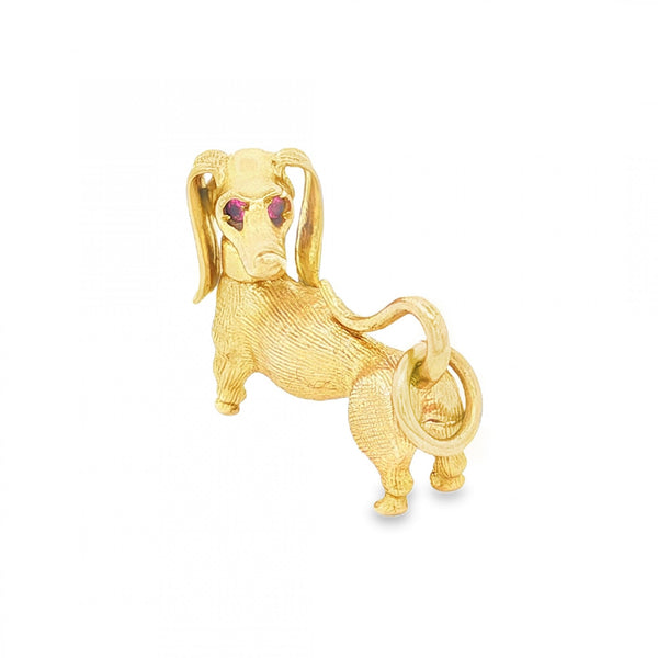 9ct Yellow Gold Ruby Dog Charm - 21x16x9mm - 7.6g