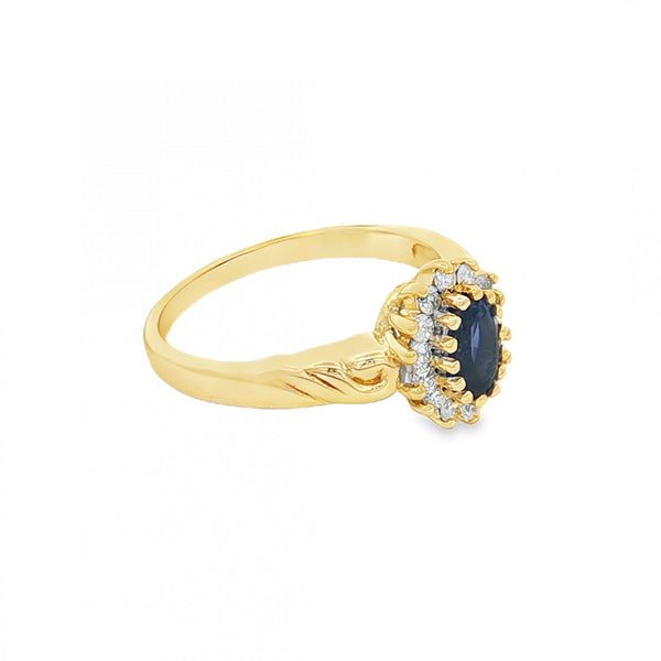 9ct Yellow Gold Iolite & Diamond Cluster Ring - Size L½ - 0.20ct