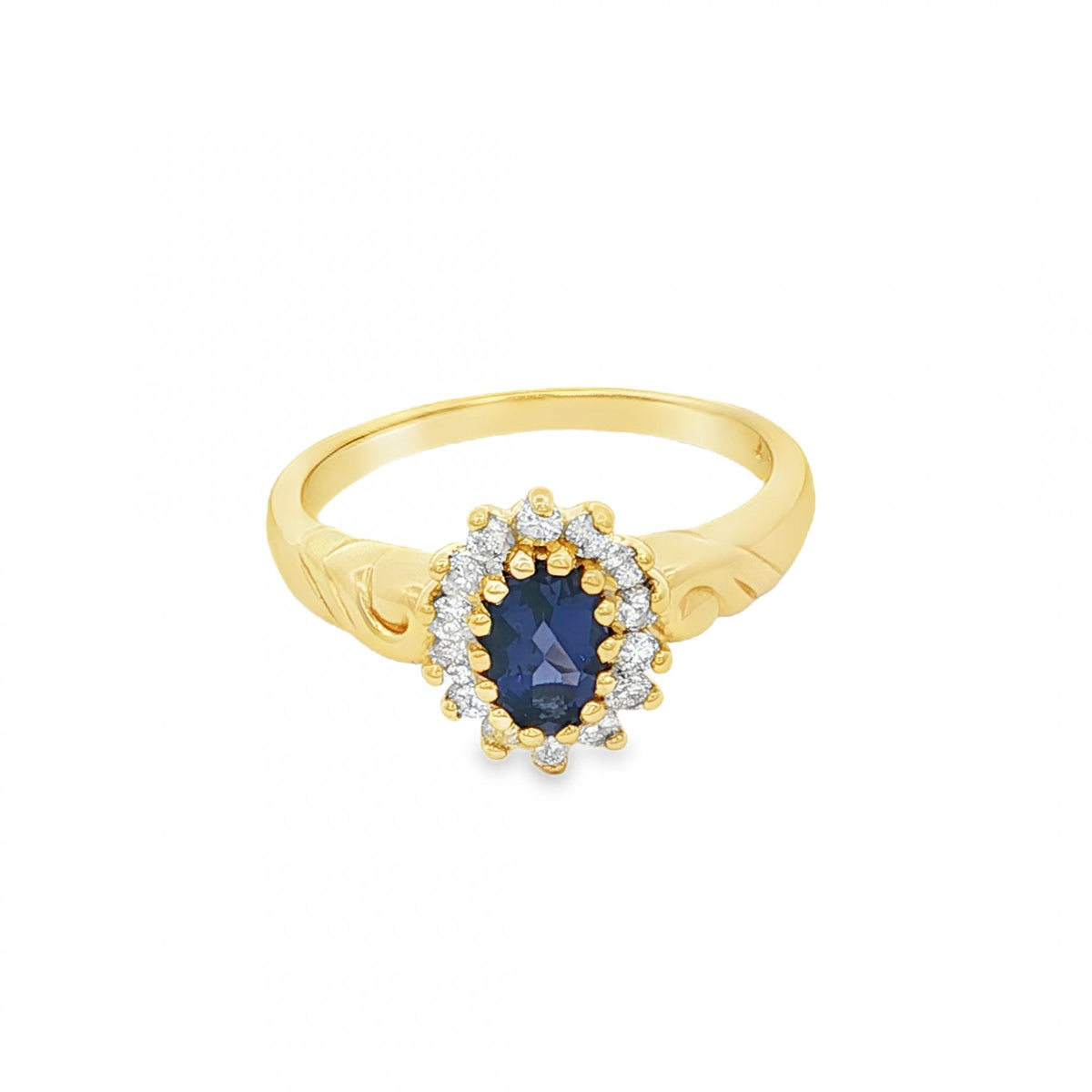 9ct Yellow Gold Iolite & Diamond Cluster Ring - Size L½ - 0.20ct