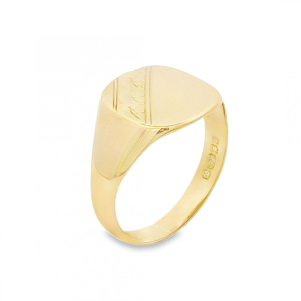 9ct Yellow Gold Half-Engraved Cushion Signet Ring - Size U -14mm