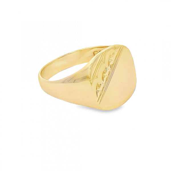 9ct Yellow Gold Half-Engraved Cushion Signet Ring - Size U -14mm