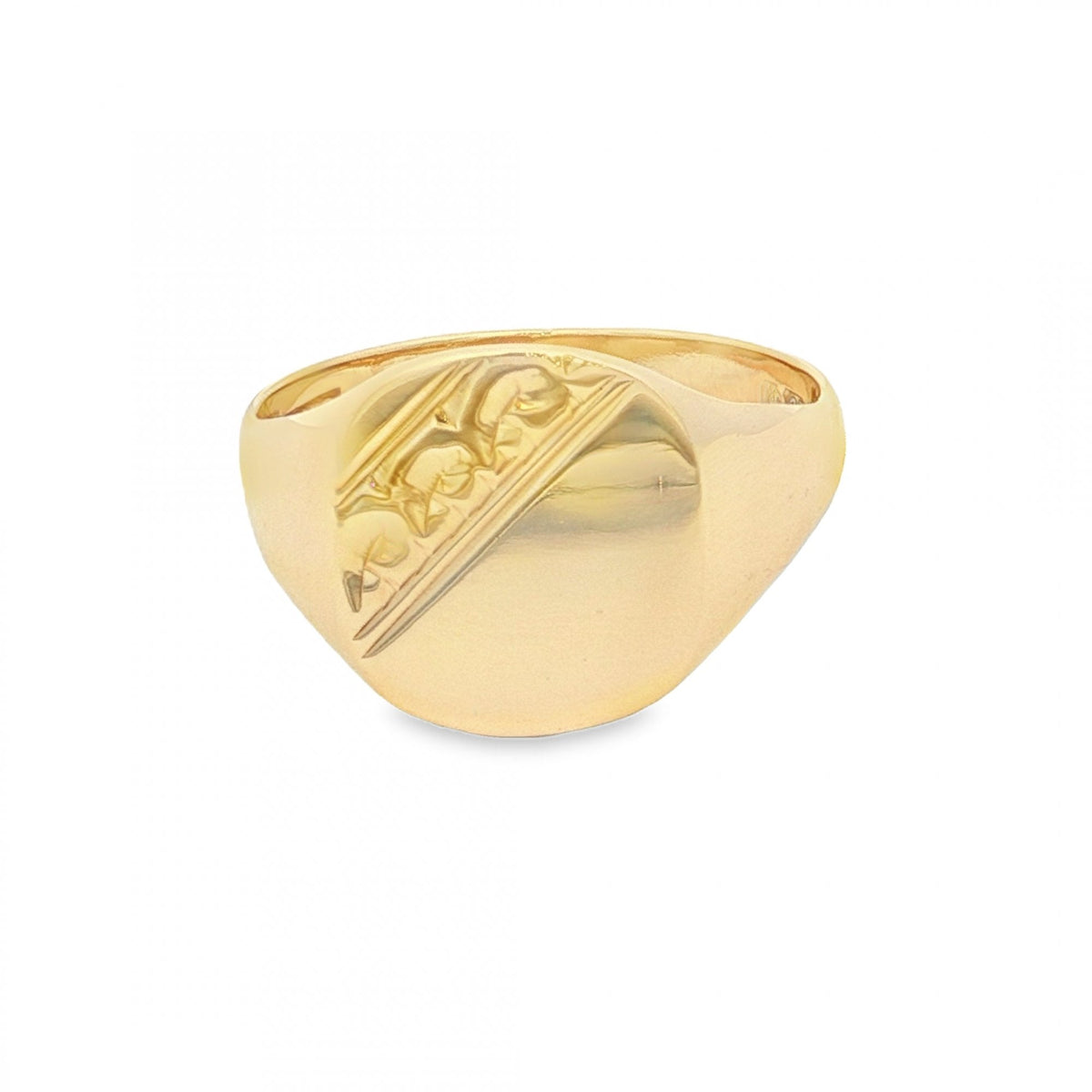 9ct Yellow Gold Half-Engraved Cushion Signet Ring - Size U -14mm