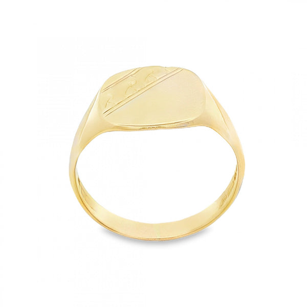 9ct Yellow Gold Half-Engraved Cushion Signet Ring - Size U -14mm
