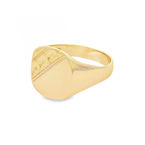 9ct Yellow Gold Half-Engraved Cushion Signet Ring - Size U -14mm