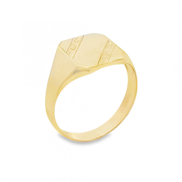 9ct Yellow Gold Patterned Octagonal Signet Ring - Size T - 13mm