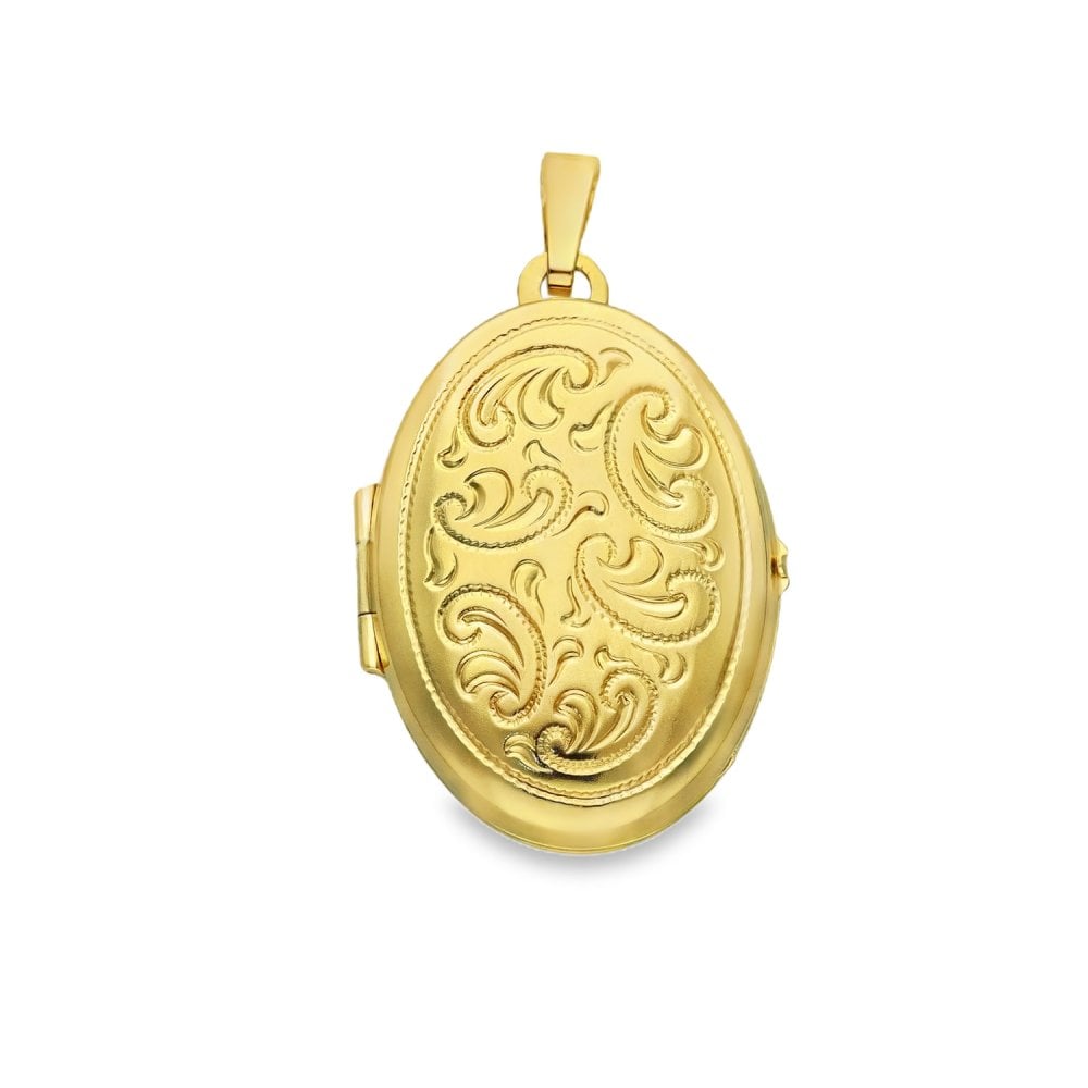 9ct Yellow Gold Oval Feather Engraved Locket - 21x31x8mm - 3.6g