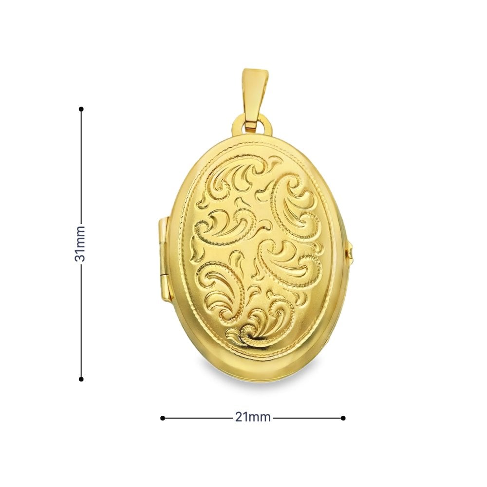 9ct Yellow Gold Oval Feather Engraved Locket - 21x31x8mm - 3.6g