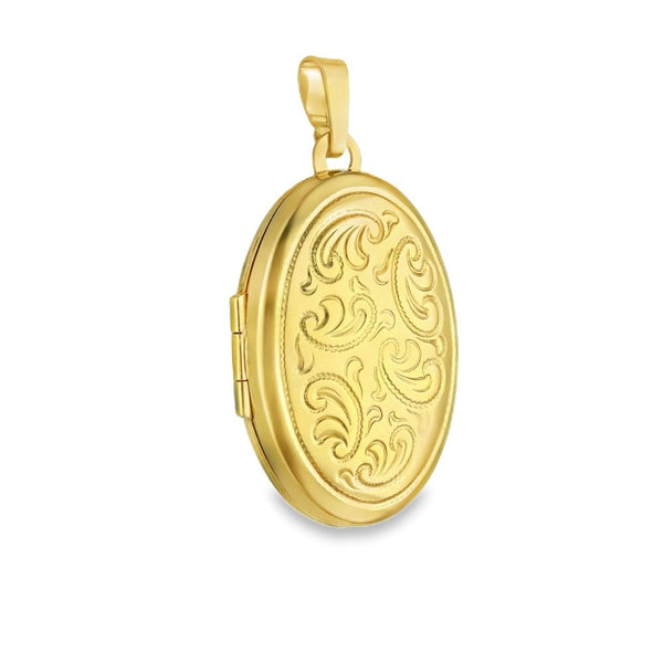 9ct Yellow Gold Oval Feather Engraved Locket - 21x31x8mm - 3.6g