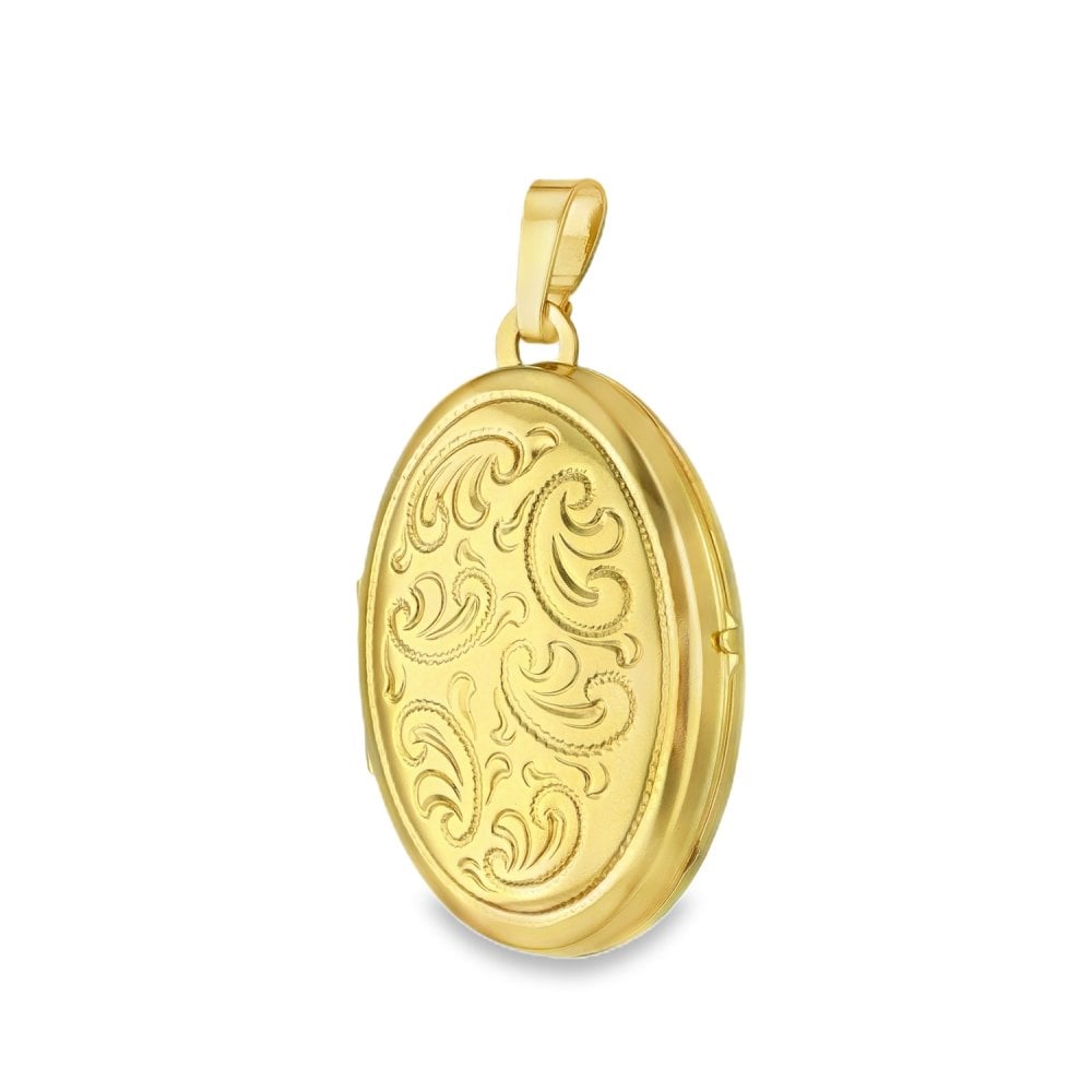 9ct Yellow Gold Oval Feather Engraved Locket - 21x31x8mm - 3.6g